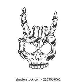 skeleton head rock hand line art vintage tattoo or print design vector illustratio.