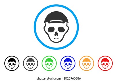 Skeleton Head rounded icon. Style is a flat skeleton head grey symbol inside light blue circle with black, gray, green, blue, red, orange versions. Cheerful skeleton head vector pictograph.