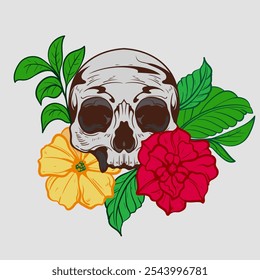 skeleton head skull and flower leaf hand drawn line woodcut engraving style element for tattoos and apparel design