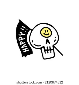 Skeleton head with smiley emoji and flag, illustration for t-shirt, sticker, or apparel merchandise. With retro cartoon style.