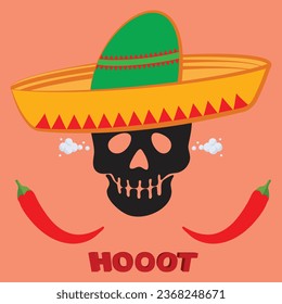 Skeleton head with sombrero, two red peppers and the text hooot