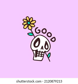 Skeleton head and sunflower, illustration for t-shirt, sticker, or apparel merchandise. With retro cartoon style.