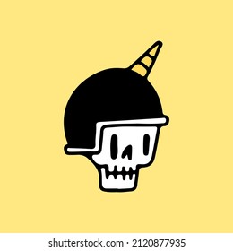 Skeleton head wearing helmet with unicorn horn, illustration for t-shirt, sticker, or apparel merchandise. With retro cartoon style.