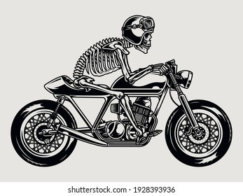 Skeleton in helmet and goggles riding motorcycle in vintage monochrome style isolated vector illustration