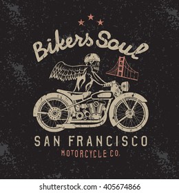 skeleton in helmet on bike and golden gate bridge vector design template