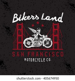 skeleton in helmet on bike and golden gate bridge vector design template