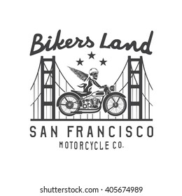 skeleton in helmet on bike and golden gate bridge vector design template