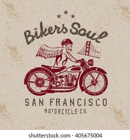 skeleton in helmet on bike and golden gate bridge vector design template