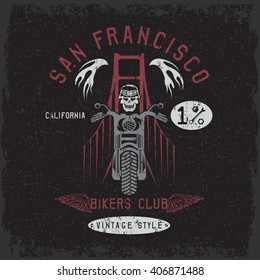 skeleton in helmet on bike and golden gate bridge vector design template