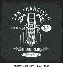 skeleton in helmet on bike and golden gate bridge vector design template