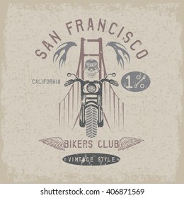 skeleton in helmet on bike and golden gate bridge vector design template