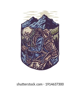 Skeleton Hiking Adventure, hand drawn line style with digital color, vector illustration