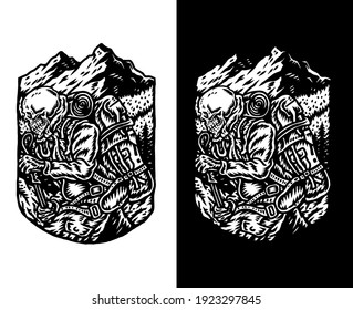 Skeleton Hiking Adventure, hand drawn line art vector illustration, isolated on dark and bright background