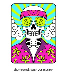 SKELETON HIPPIE WITH SUNGLASSES AND BANDANA COLOR WITH BACKGROUND