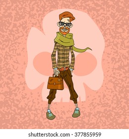 Skeleton Hipster Boy Fashion Retro Style Flat Vector Illustration