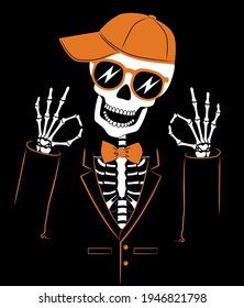 Skeleton Hipster In Jacket And Cap. Halloween Print For Kids Boys T Shirt. Vector Illustration.