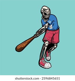 skeleton hold baseball bat wearing blue tshirt and red short