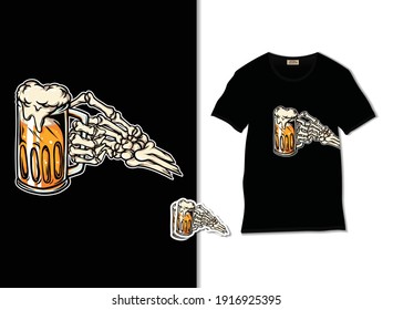 Skeleton holding beer in glass illustration. T shirt design