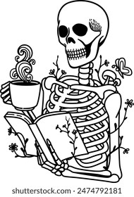 Skeleton holding book and coffee cup for design element. Vector illustration. 