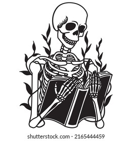 Skeleton holding book for design element. Vector illustration.