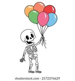 Skeleton Holding Colorful Balloons Illustration