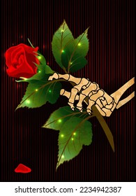 Skeleton holding a flower rose, Anti Valentines day card, vector illustration