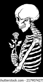 Skeleton Holding Flower Tattoo. Tattoo Vintage Design Element. Valentine Vector Illustration.