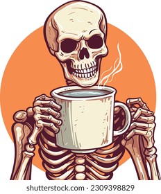 Skeleton holding hot coffee mug