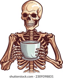 Skeleton sujetando una taza de café caliente