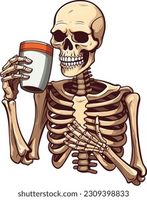 Skeleton holding hot coffee mug