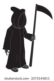 Skeleton is holding a long, curved staff. The skeleton is dressed in black and has a hood over its head. The image has a spooky and eerie mood