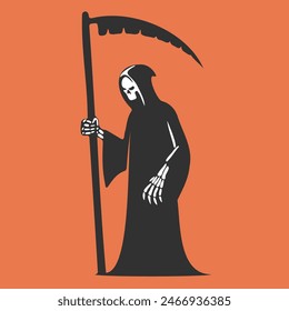 A skeleton is holding a long stick and standing on an orange background. Scene is eerie and spooky