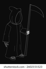 A skeleton is holding a long, thin, black object. The skeleton is wearing a hooded robe