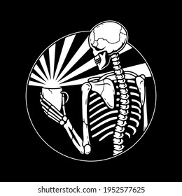 SKELETON HOLDING A MUG WITH THE SUN IN HIS HAND WHITE BLACK BACKGROUND