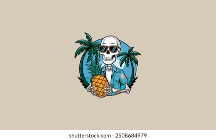 skeleton holding pineapple on beach vector illustration flat design