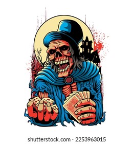 skeleton holding playing cards and dice T-shirt.Can be used for t-shirt print, mug print, pillows, fashion print design, kids wear, baby shower, greeting and postcard. t-shirt design Pro Vector