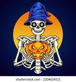 Skeleton holding a pumpkin halloween