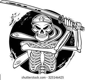 skeleton holding samurai sword