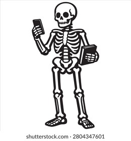Skeleton holding a smartphone and a notebook in a modern setting