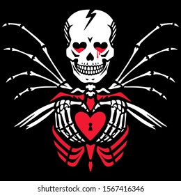 The skeleton holds a heart in his hands. Skeleton in love. Unusual greeting card for Valentines day or Halloween. Valentine in the gothic style. Great for t-shirt, tattoo and more.