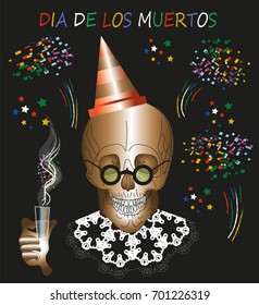 Skeleton in the Holiday Cap Congratulates on the Day of the Dead (Dia De Muertos). Vector illustration