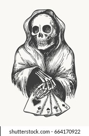 The skeleton in the hood with playing cards. Death symbol with Four Aces combination. Vector illustration in engraving style.