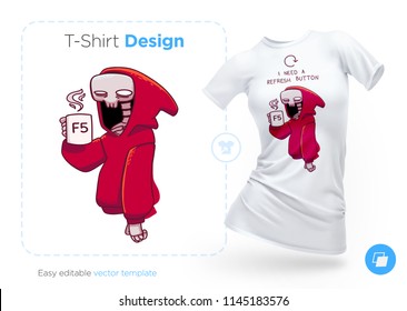 Skeleton in a hoodie with a cup of coffee t-shirt design. Print for clothes, posters or souvenirs. Vector illustration