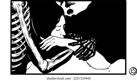 skeleton hugging woman embrace rest love frame vector illustration