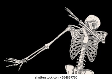 Skeleton of human dancing DAB on black background, isolated, perform dabbing move gesture, posing vector.