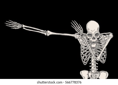 Skeleton of human dancing DAB on black background, isolated, perform dabbing move gesture, posing vector.