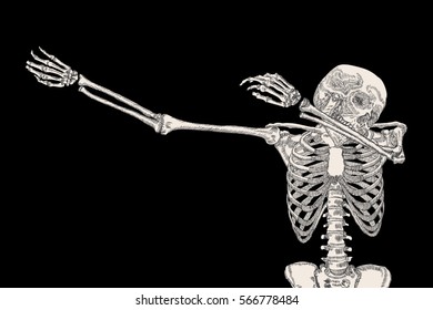 Skeleton of human dancing DAB on black background, isolated, perform dabbing move gesture, posing vector.