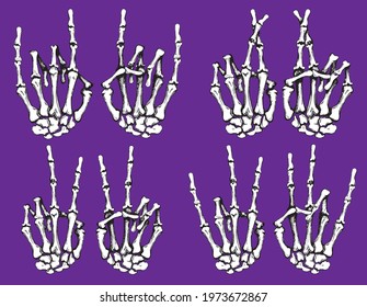 Skeleton of a human hand making rock sign, peace sign gesture, fingers crossed for good luck and shocker on purple background
