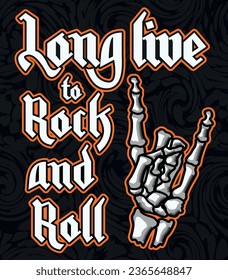 A skeleton human hand with rock music symbol knowed as horns up with lettering message and abstract background