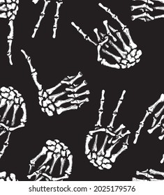 Skeleton of a human hand showing rock sign, peace and like sign gesture seamless pattern.